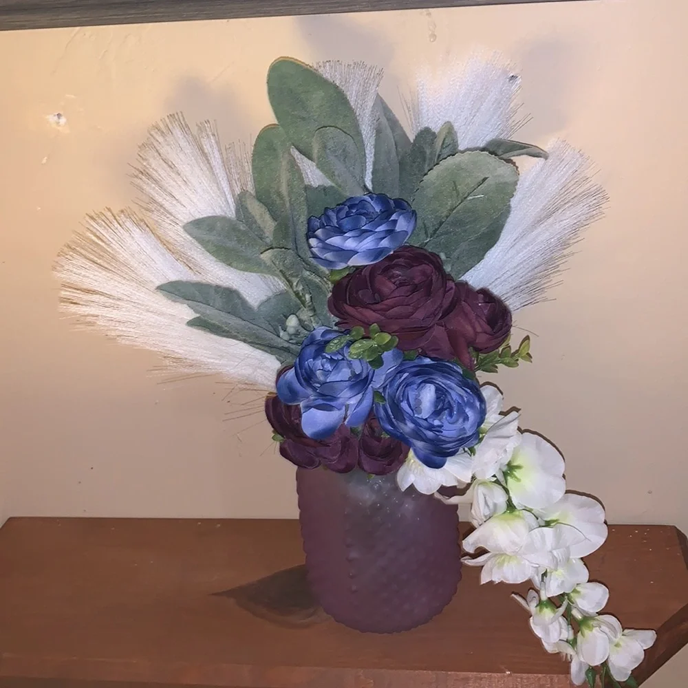 Hand Crafted- Silk floral arrangement with purple textured vase
